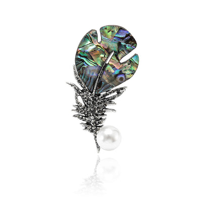 Iridescent Shell Leaf Pearl Drop Brooch isolated front view