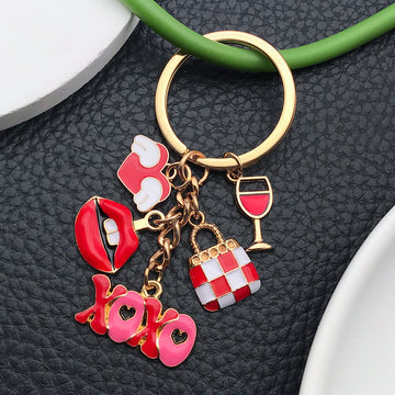 Red Xoxo Lips Heart and Wine Glass Metal Keychain Set