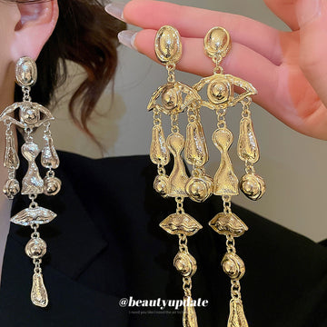 Silver Tone Oval Medallion Fringe Drop Earrings Decorative Jewelry Pair