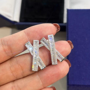 X-Shape Cross Stud Earrings with Clear Baguette Stones, Silver-Tone Brass