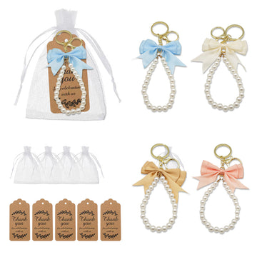 Ribbon Bow Keychain, Pearl-Like Bead Loop, Gold-Tone Key Ring