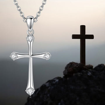 Silver Cross Clear CZ Tips Pendant Necklace Chain Metal