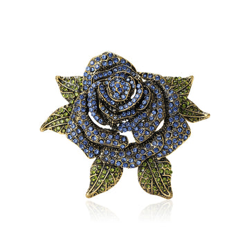 Antique Crystal Rose Brooch in Red or Deep Blue With Textured Leaves