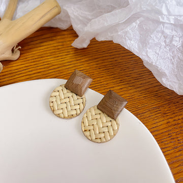 Cream and Brown Woven Round Statement Stud Earrings