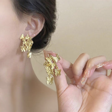 Textured Gold Butterfly Cluster Statement Stud Earrings