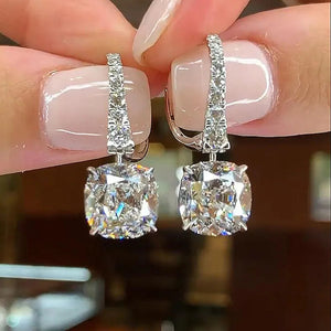 Silver Tone Cushion Cut Clear Stone Drop Leverback Earrings