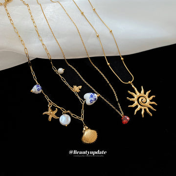 Mixed Metal Charm Necklace Shell Star or Beaded Choker Styles