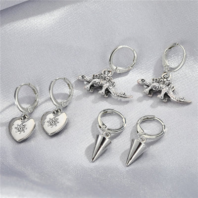 Main product view of silver Tone Cone Spike and Dinosaur Huggie Drop Earrings