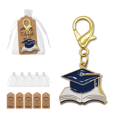 Navy grad cap book charm with organza bags and kraft tags