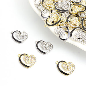 Double Heart Butterfly Charm, Black Enamel, Electroplated Alloy