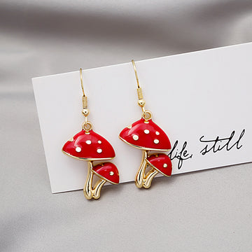 Red Spotted Mushroom Novelty Gold Hook Drop Earrings