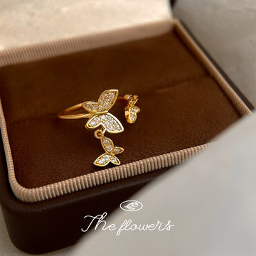 Gold Butterfly and Leaf Branch Clear Stone Open Ring