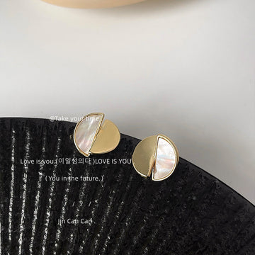Gold Split Circle Mother of Pearl Half Disc Stud Earrings