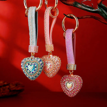Layered Crystal Heart Keychains with Jeweled Straps and Plain Options