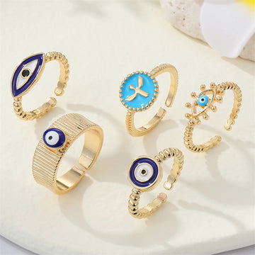 Gold Tone Enamel Evil Eye Open Rings in Seven Designs