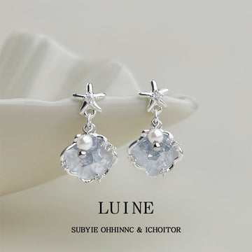 Silver Starfish Shell Glass Crystal Drop Earrings Pair
