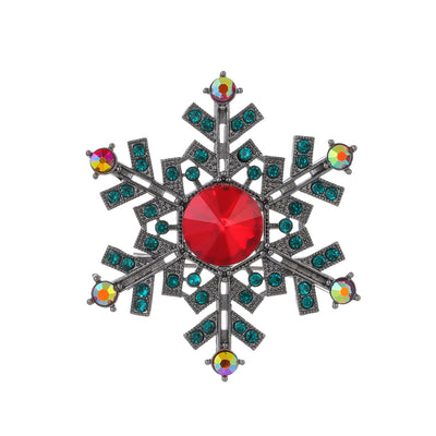 Front product view of the snowflake brooch pin in silver and aqua