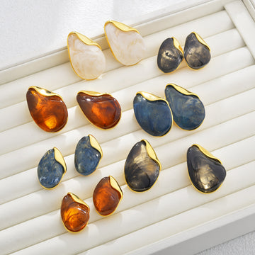 Gold-Tone Irregular Resin Teardrop Stud Earrings in Two Sizes