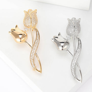 Gold or Silver Tulip Brooch with Clear Crystal Petals