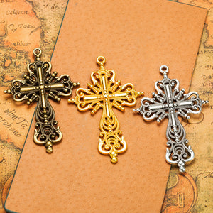 Ornate Openwork Cross Metal Charm in 4 Decorative Finishes
