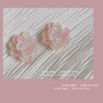 Pink Layered Shell Flower And Clear Stone Center Stud Earrings