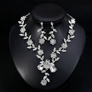 Black Silver Tone Floral Branch Crystal Pearl Look Five Designs Metal Necklace