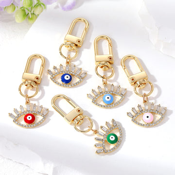 Gold Tone Crystal Lash Enamel Evil Eye Clip Keychains in Five Colors