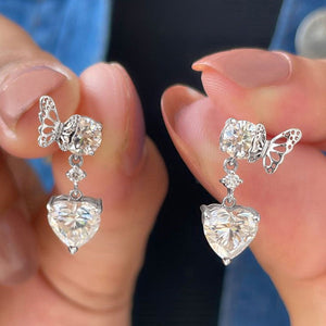 Butterfly and Heart Crystal Drop Earrings in Two Tones