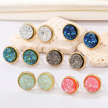 Gold Tone Round Druzy Resin Stud Earrings in Six Colors