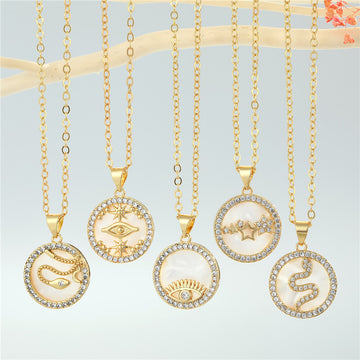 Gold Tone Round Crystal Framed Motif Pendant Necklaces in Nine Designs