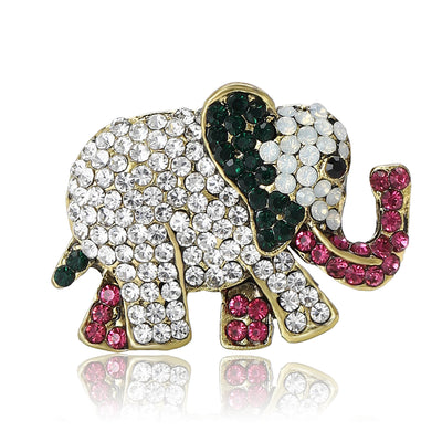 Front view of the crystal elephant brooch with pink trunk and feet decorative clothing pin on a white background