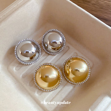 Domed Metal and Crystal Halo Stud Earrings in Two Finishes