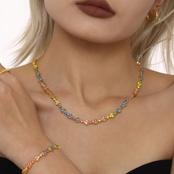 Zircon Heart Link Necklace Bracelet Gold Steel Multicolor