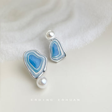 Silver Tone Blue Enamel Abstract And Pearl Earrings In Clip And Stud Styles