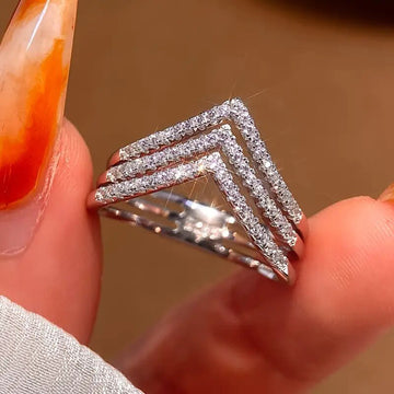 Triple Chevron Pave Statement Ring In Polished Silver Tone