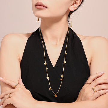 Gold Disc Station Necklace Hammered Coin Pendants Bead Chain