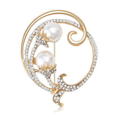 pearl floral swirl brooch in gold or silver tone floral pin isolated on a white background