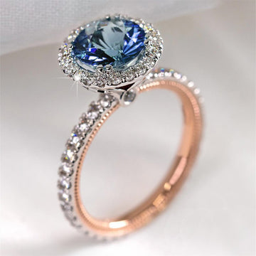 Blue Or Green Round Solitaire Halo Ring In Rose And Silver Tones