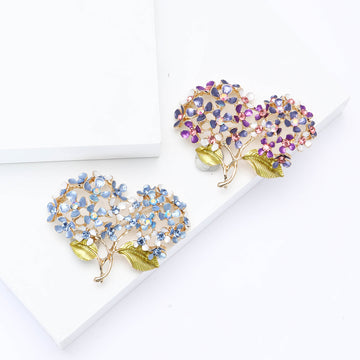 Two Bloom Hydrangea Brooch With Faceted Crystals And Polished Metal Details
