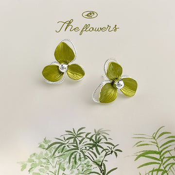 Green Three Petal Flower and Pearl Silver Tone Stud Earrings