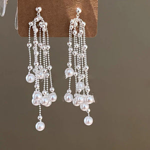 Silver Tone Pearl Tassel Chandelier Earrings Jewelry Design