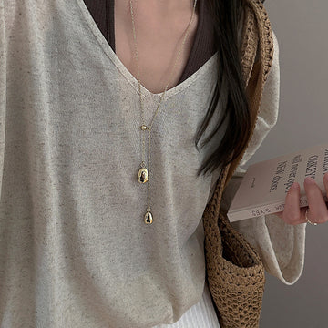 Minimal Teardrop Pendant Lariat Necklace in Gold Tone