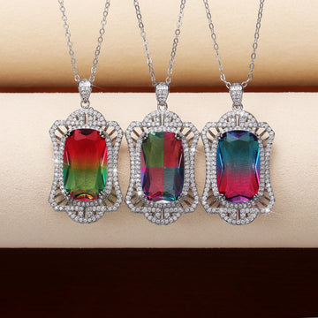 Gradient Rectangular Stone Scalloped Frame Pendant Necklace