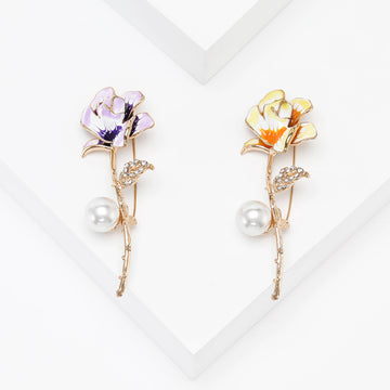 Enamel Flower Stem Brooch With Pearl in Purple or Yellow
