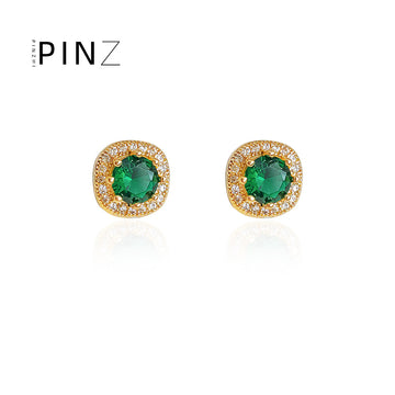 Emerald Green Round Halo Stud Earrings Silver Gold Options