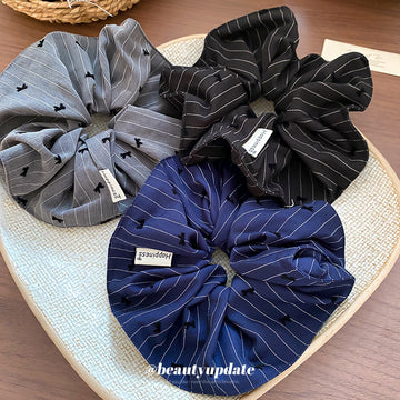 Pinstripe Fabric Scrunchie Mini Bow Print Black Style
