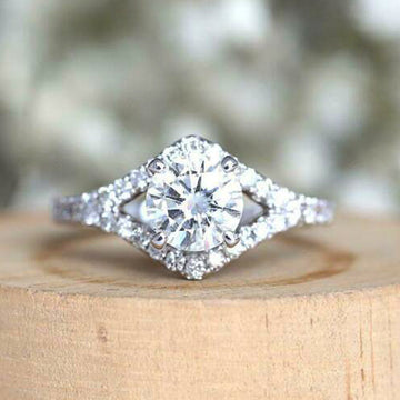 Silver Tone Round Halo Ring With Split Clear Stone Band