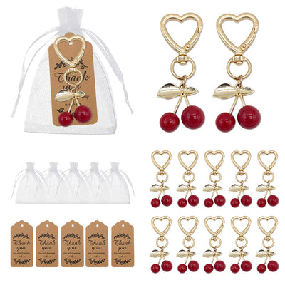 Red cherry heart clasp keychains with organza bags and kraft tags