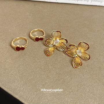 Gold Tone Red Heart And Flower Earrings With Decorative Metal Details