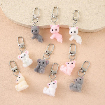 Flocked Fox Cat Bear Animal Keychains Silver Clips 7 Styles